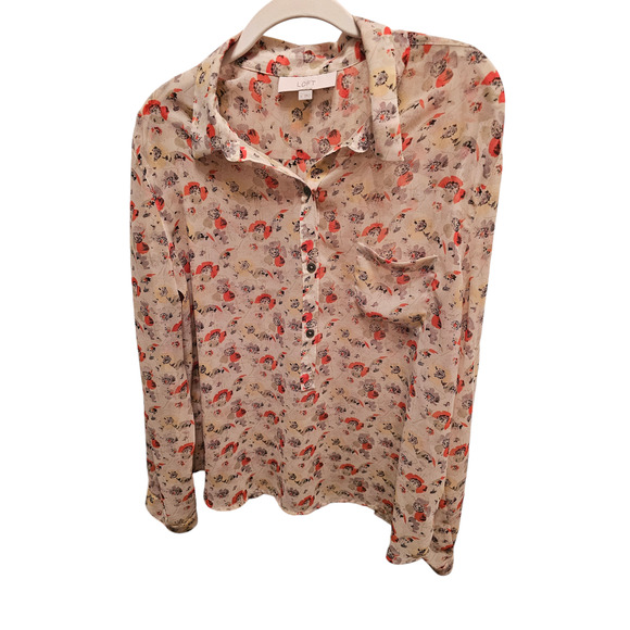 Ann Taylor LOFT Long Sleeve Sheer Cream Red Floral Button Up Blouse, Sz XL - Picture 2 of 10